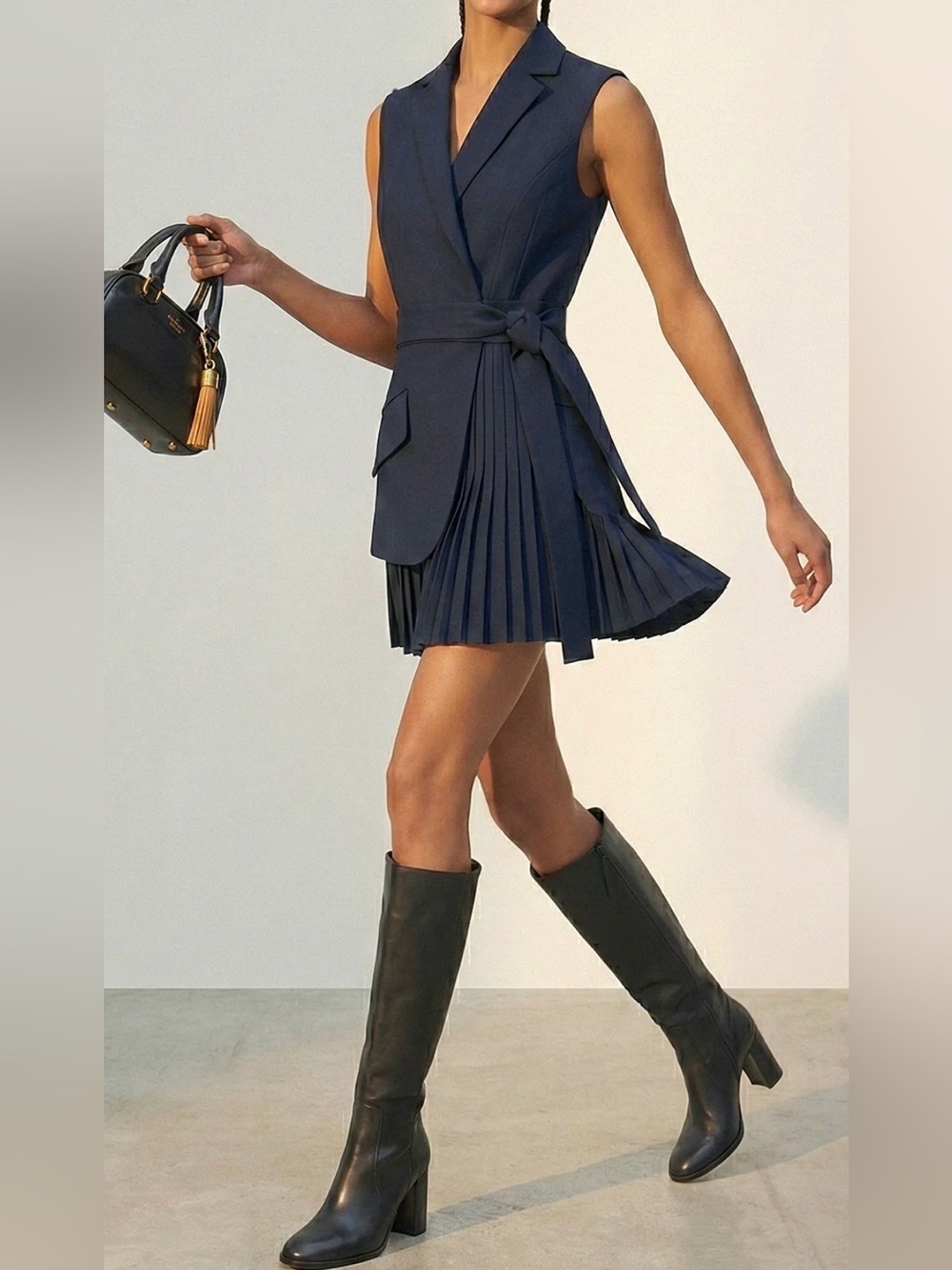 Commense Navy Sleeveless Wrap Belted Pleated Dress - Picture 2 of 4